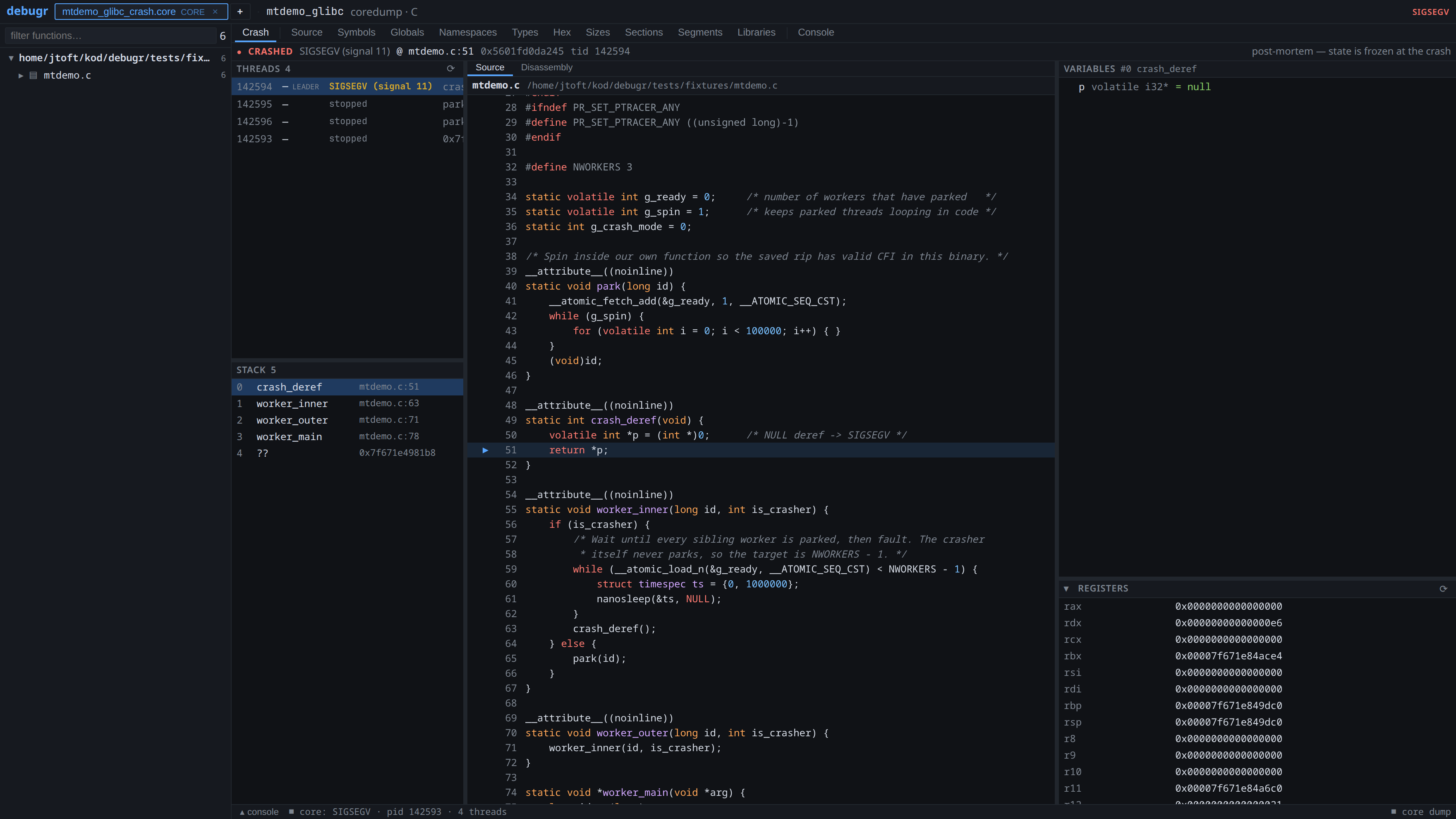 Core dump crash triage view