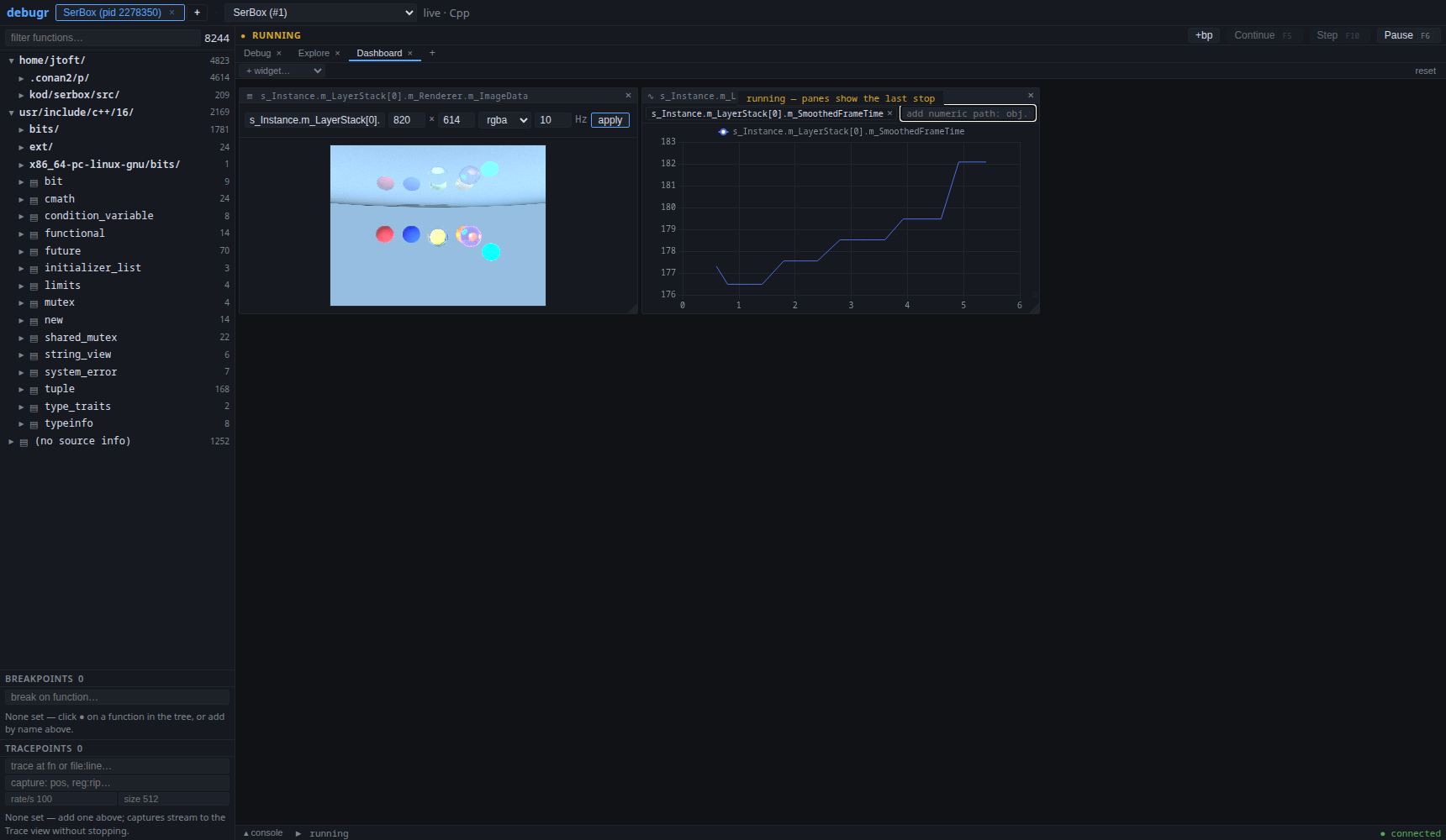 A dashboard with a live frame-time chart beside the streaming viewport image