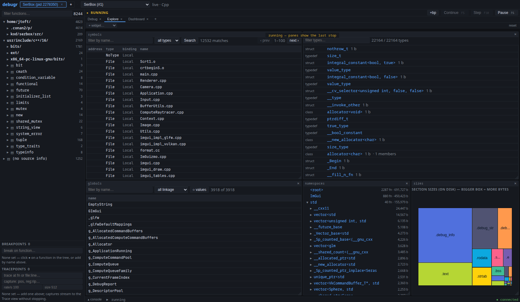 The Explore surface: symbols, types, globals, namespaces, and a section-size treemap as tiled widgets