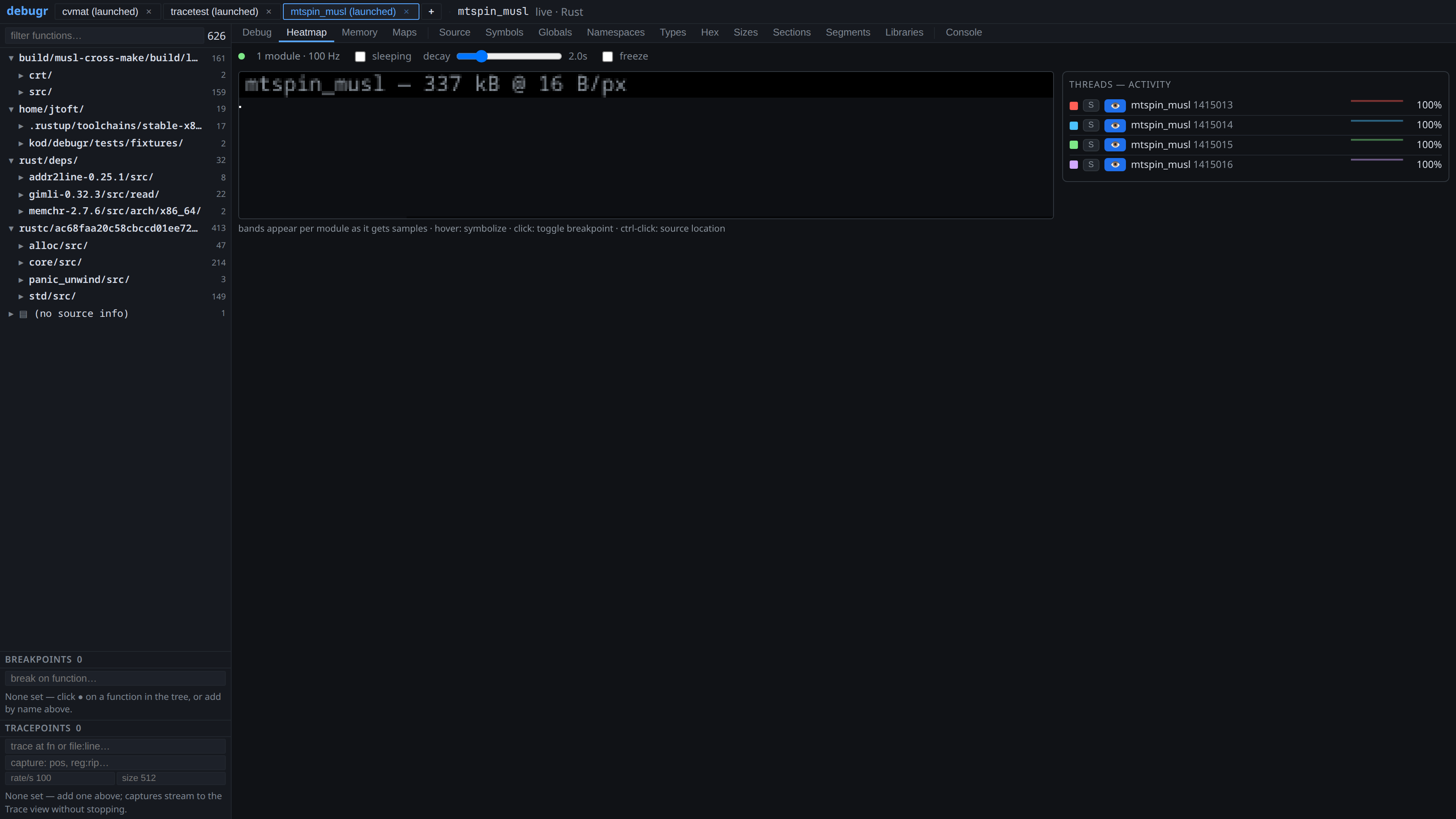 Live heatmap with spinning threads at 100%